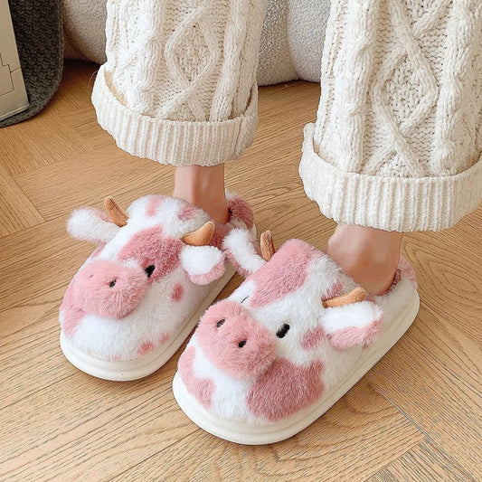 Women's Cow Plush Slippers – Closed Toe Non-Slip Fuzzy House Shoes