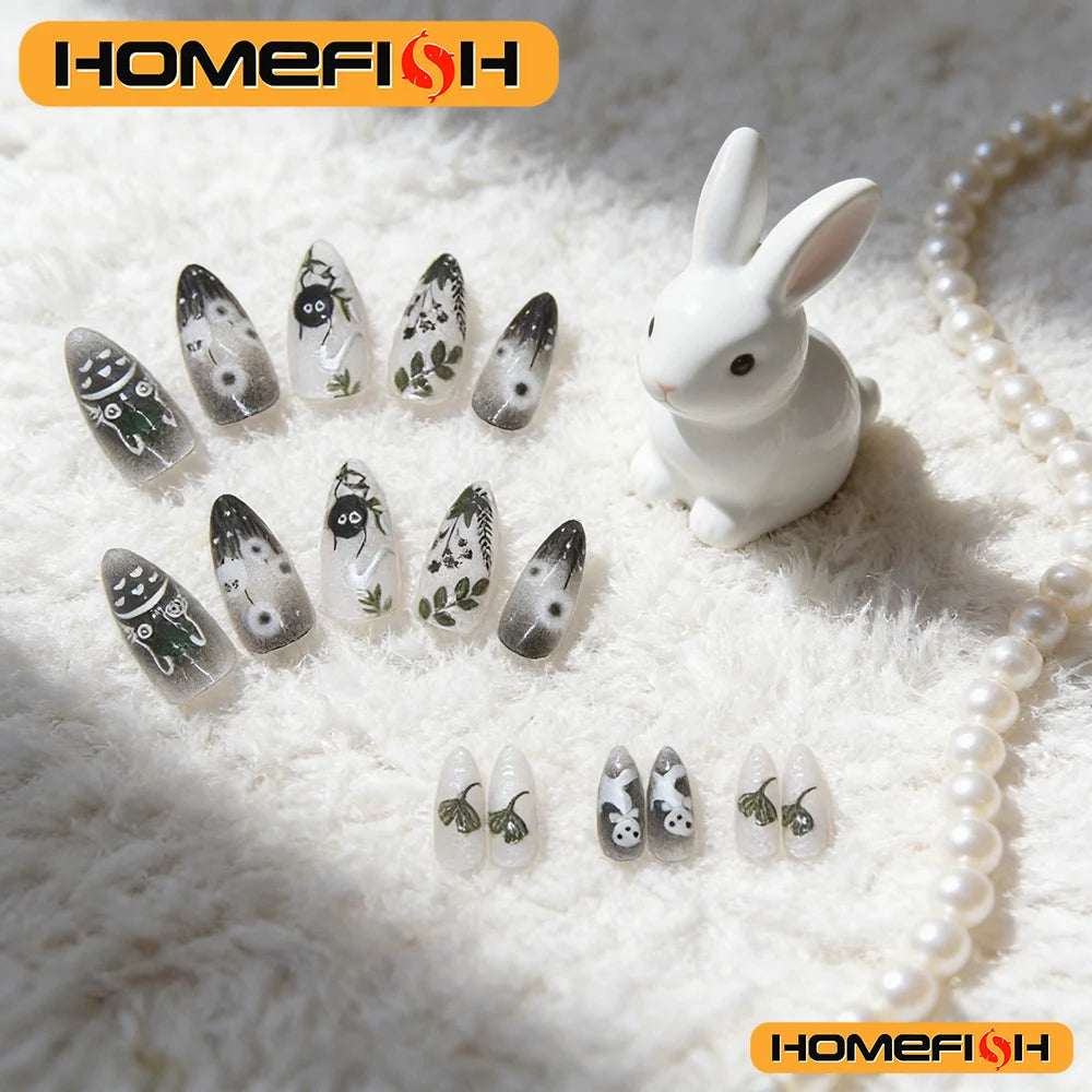 24pcs Gradient Black False Nails Cute Cartoon Cat's Eye Forest Elf Girl Press On Nails Glossy Almond Sweet Cool Fake Nail Tips Peaceful Pleasures Health and Wellness