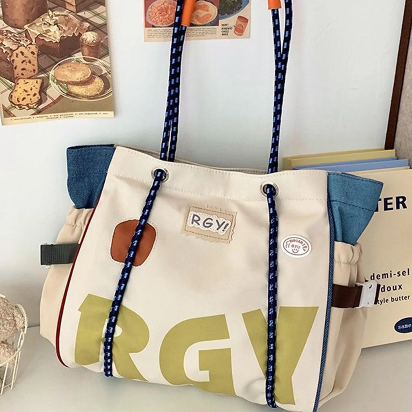 Girls Tote Bag Large Capacity Print Letter Shoulder Handbag Lightweight Durable Polyester for Daily Commute Peaceful Pleasures Health and Wellness
