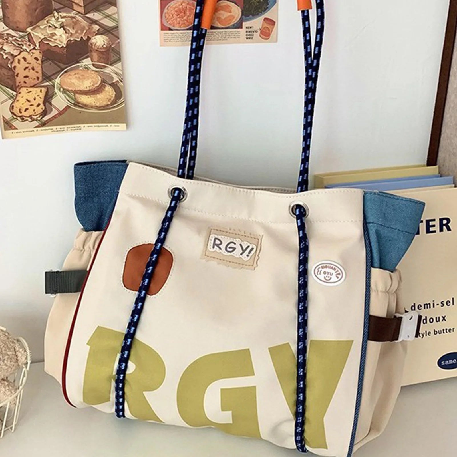 Girls Tote Bag Large Capacity Print Letter Shoulder Handbag Lightweight Durable Polyester for Daily Commute Peaceful Pleasures Health and Wellness
