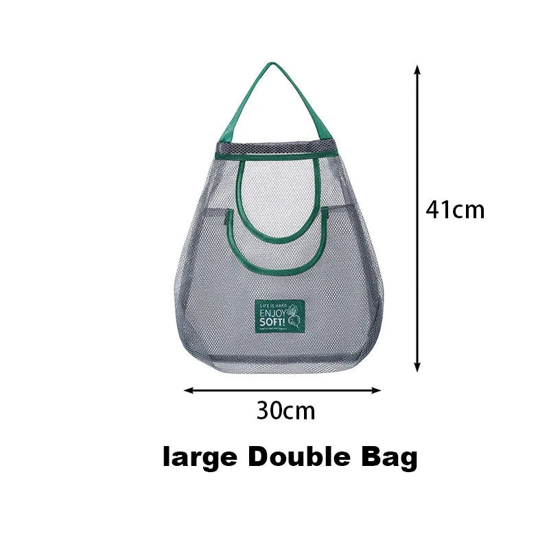 Reusable Storage Bags Kitchen Hanging Mesh Bag Home Fruit And Vegetable Storage Net Bag For Ginger Garlic Potatoes Onions Peaceful Pleasures Health and Wellness large Double Bag