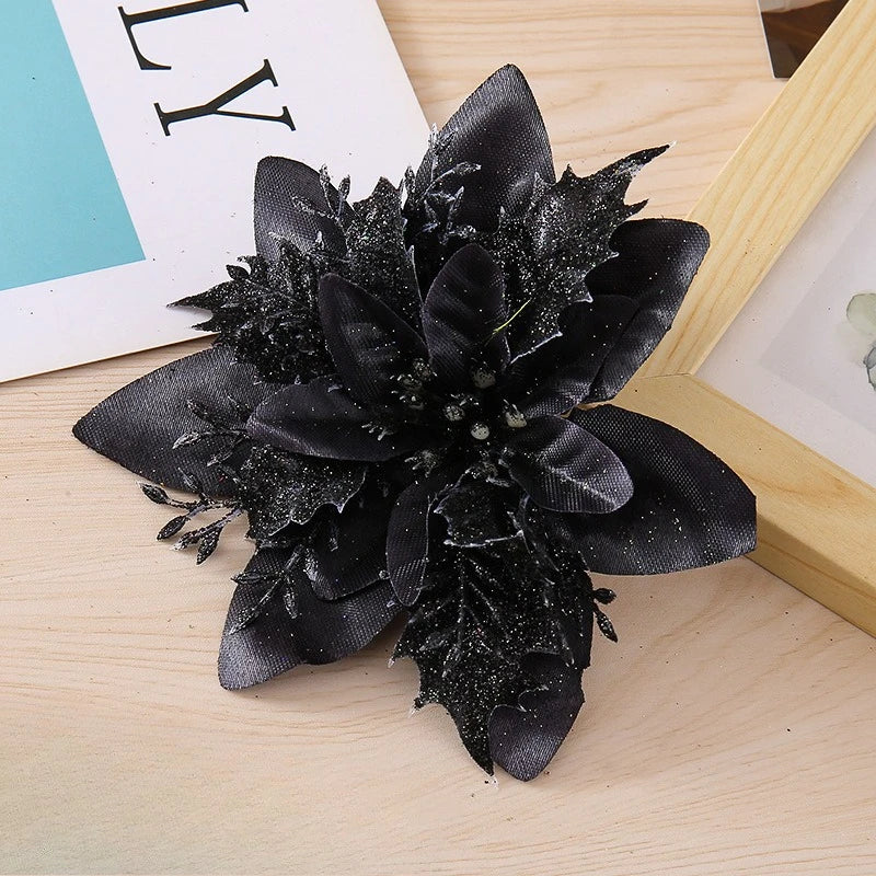 Glitter Artificial Christmas Flowers with Clips – Xmas Tree Decor