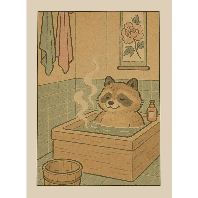 Japanese Cute Animals Bathtub Canvas Wall Art | Bathroom Decor