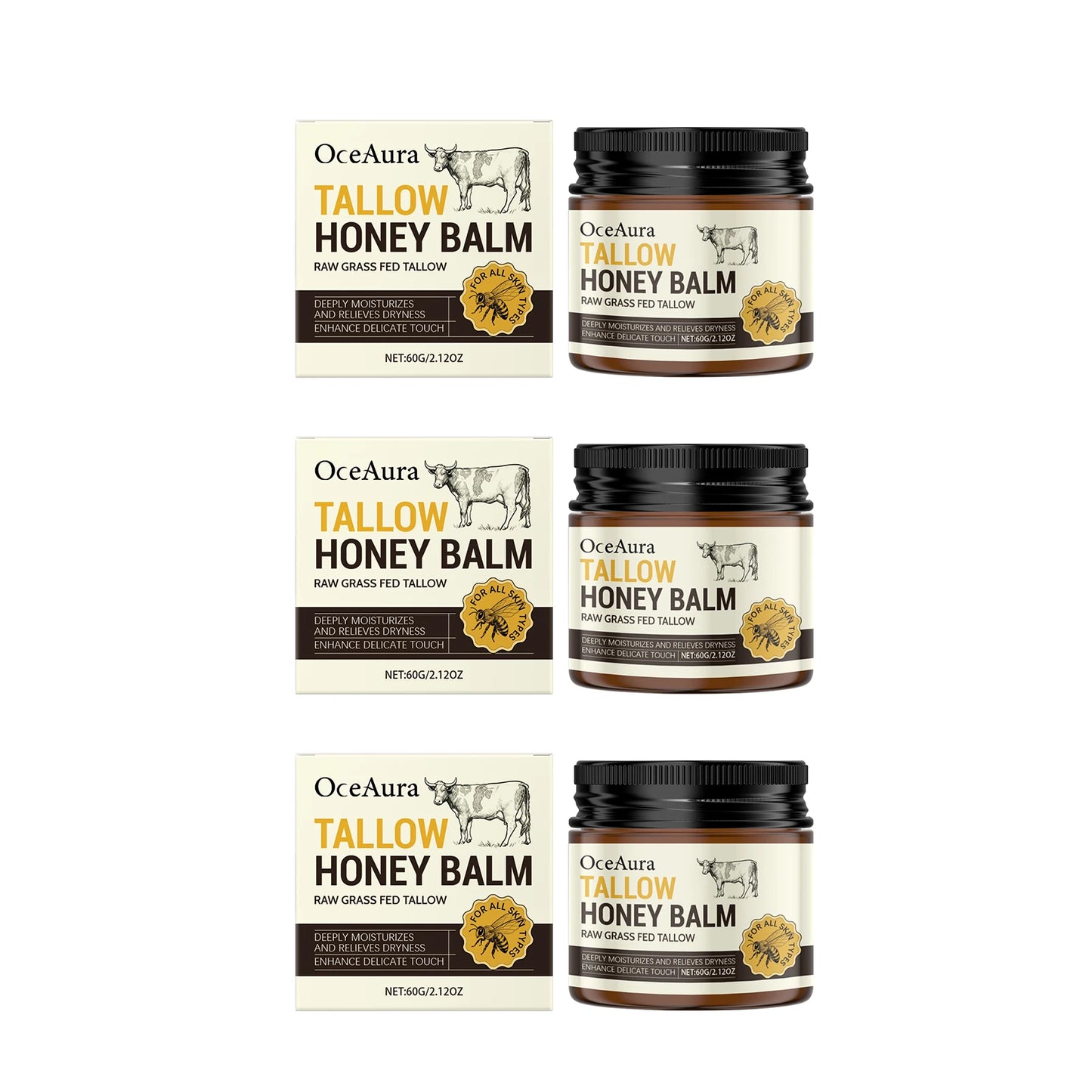 Grass Fed Tallow Honey Balm Nourishing Repair Damaged Skin Fade Fine Lines Improve Dullness Smoothing Glow Soothing Moisturizer Peaceful Pleasures Health and Wellness 180g boxed