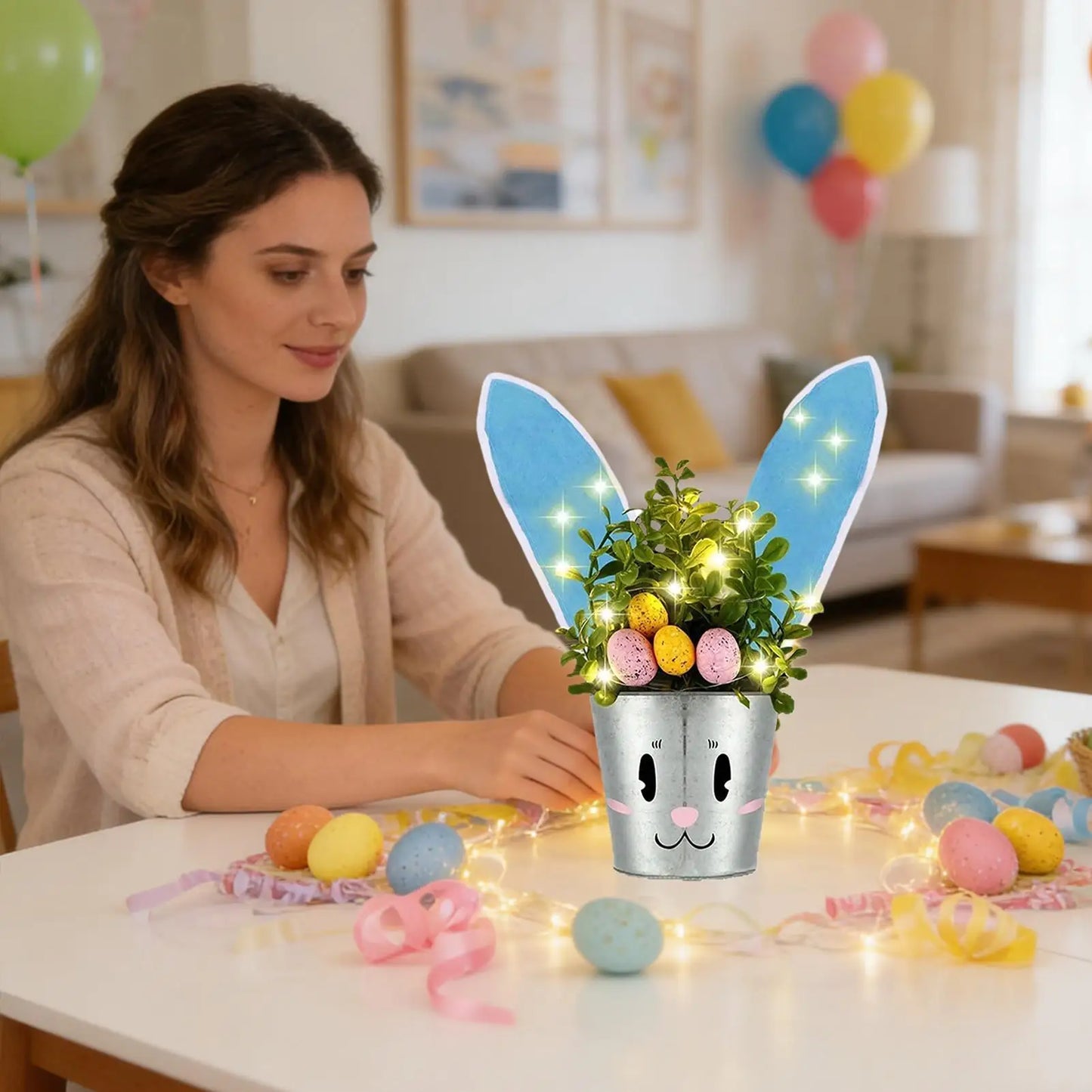 Funny Spring Decor with Lights Cute Easter Planter Pot Bunny Decor for Indoor Outdoor Home Living Room Bedroom Balcony Peaceful Pleasures Health and Wellness