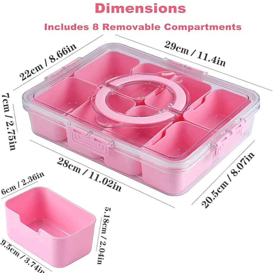 Snackle Box Container – 8-Compartment Divided Serving Tray with Lid & Handle for Candy, Fruit & Snacks