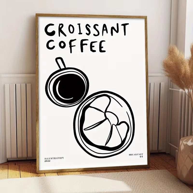 Black & White Croissant Coffee Canvas Wall Art Print | Decor