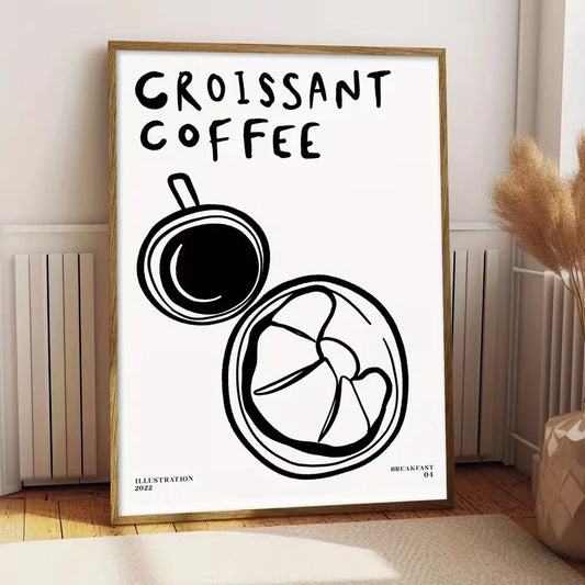 Black & White Croissant Coffee Canvas Wall Art Print | Decor Canvas Wall Art Peaceful Pleasures Health and Wellness G4243 40x50cm Unframed