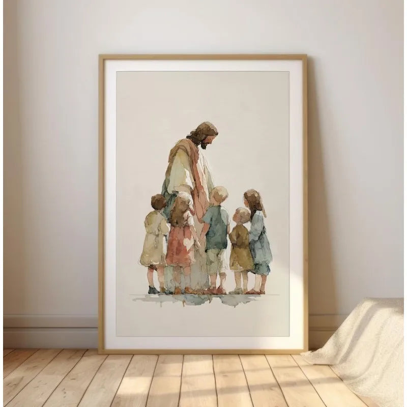 Retro Watercolor Jesus with Children Portrait Christian Religious Poster Canvas Painting Wall Art Pictures Home Decor Gift Peaceful Pleasures Health and Wellness