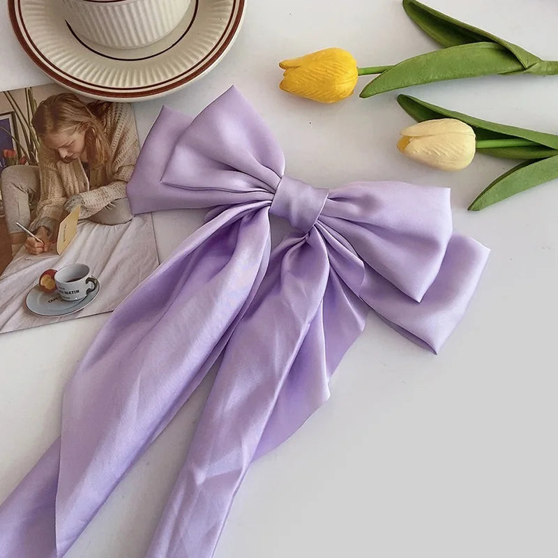 Korean Accessories Hair Clips Women Girls Big Bowknot Solid Satin