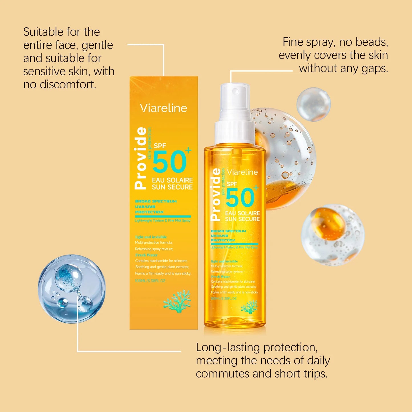 100ML Spf50 Sunscreen Spray Non-stciky Protect Skin Moisturizing Enhance Smoothness Refreshing Prevent Sunburn Sunscreen Spray Peaceful Pleasures Health and Wellness