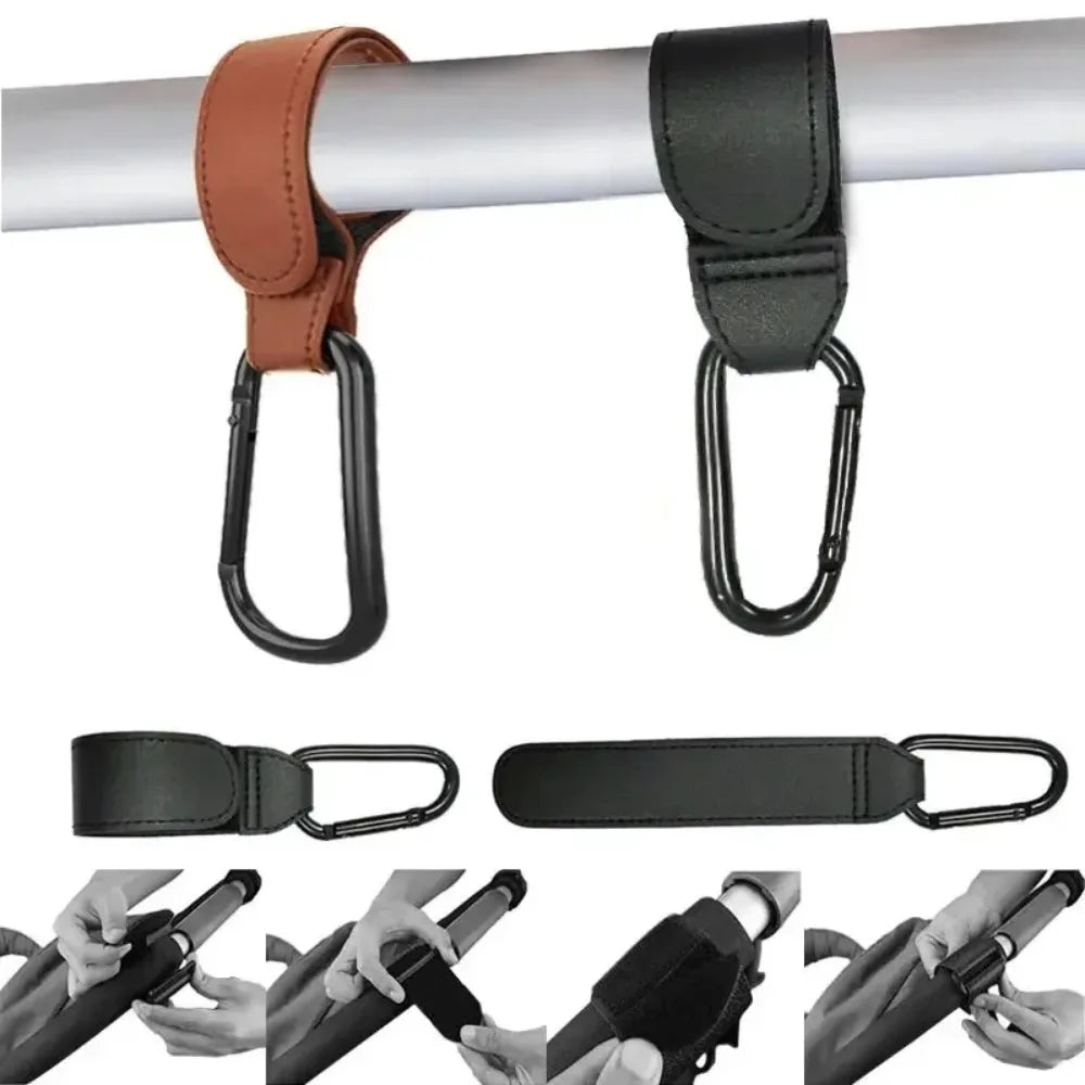 2-Pack Leather Stroller Hooks | Universal Carabiner Clips