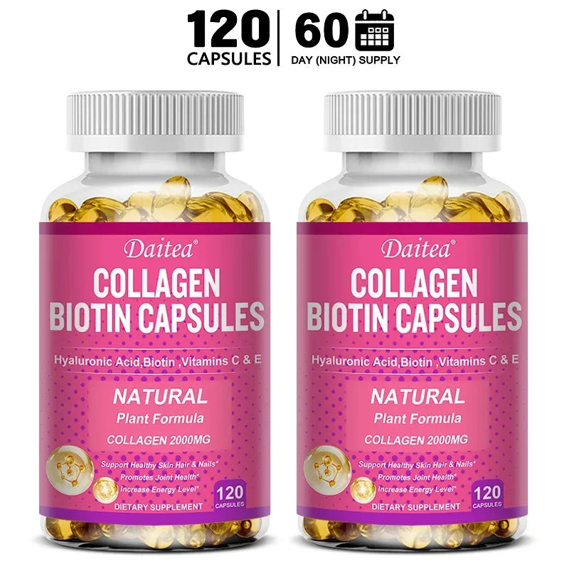 Collagen Biotin Supplement - Hyaluronic Acid Biotin Vitamin C E - Hair Skin Nails Joint Support and Energy Boost Vegan Capsules Peaceful Pleasures Health and Wellness 120 count-2bottle