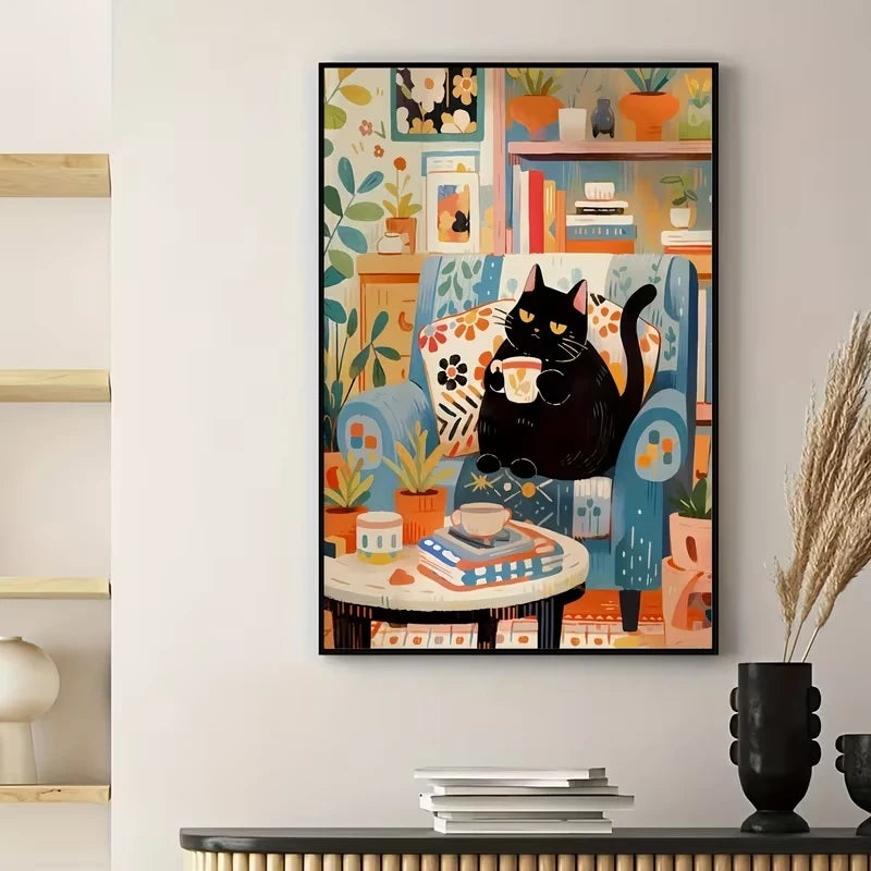 Nordic Black Cat Coffee Canvas Wall Art Print | Home Decor