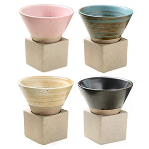 100ml Coarse Pottery Coffee Mugs, Japanese Style Ceramic Tea Cups Triangular Cone Shape Porcelain Retro Mug with Square Base Peaceful Pleasures Health and Wellness Set of 4 100ml