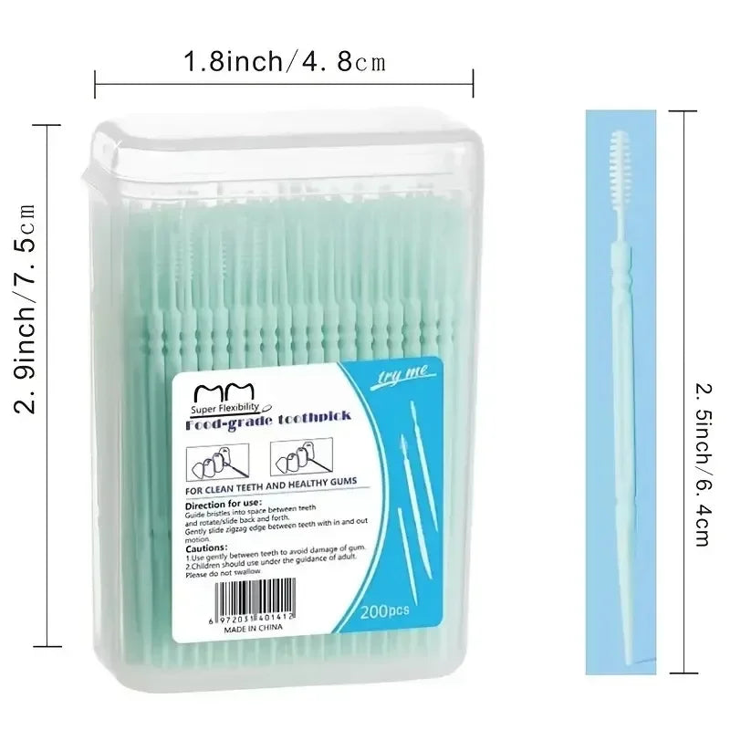 200pcs/box Plastic Toothpicks Double-headed Disposable Interdental Brush Dental Tooth Flossing Head Oral Hygiene Clean The Mouth Peaceful Pleasures Health and Wellness