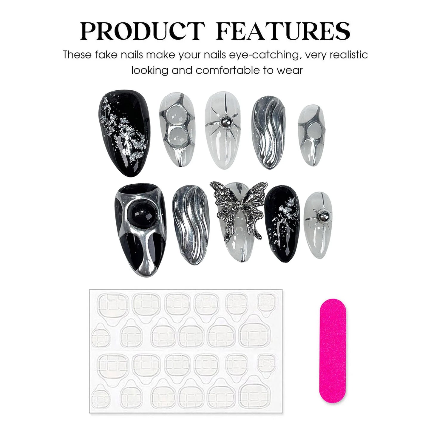 3D Butterfly Press On Nails – Black Silver Almond False Nails