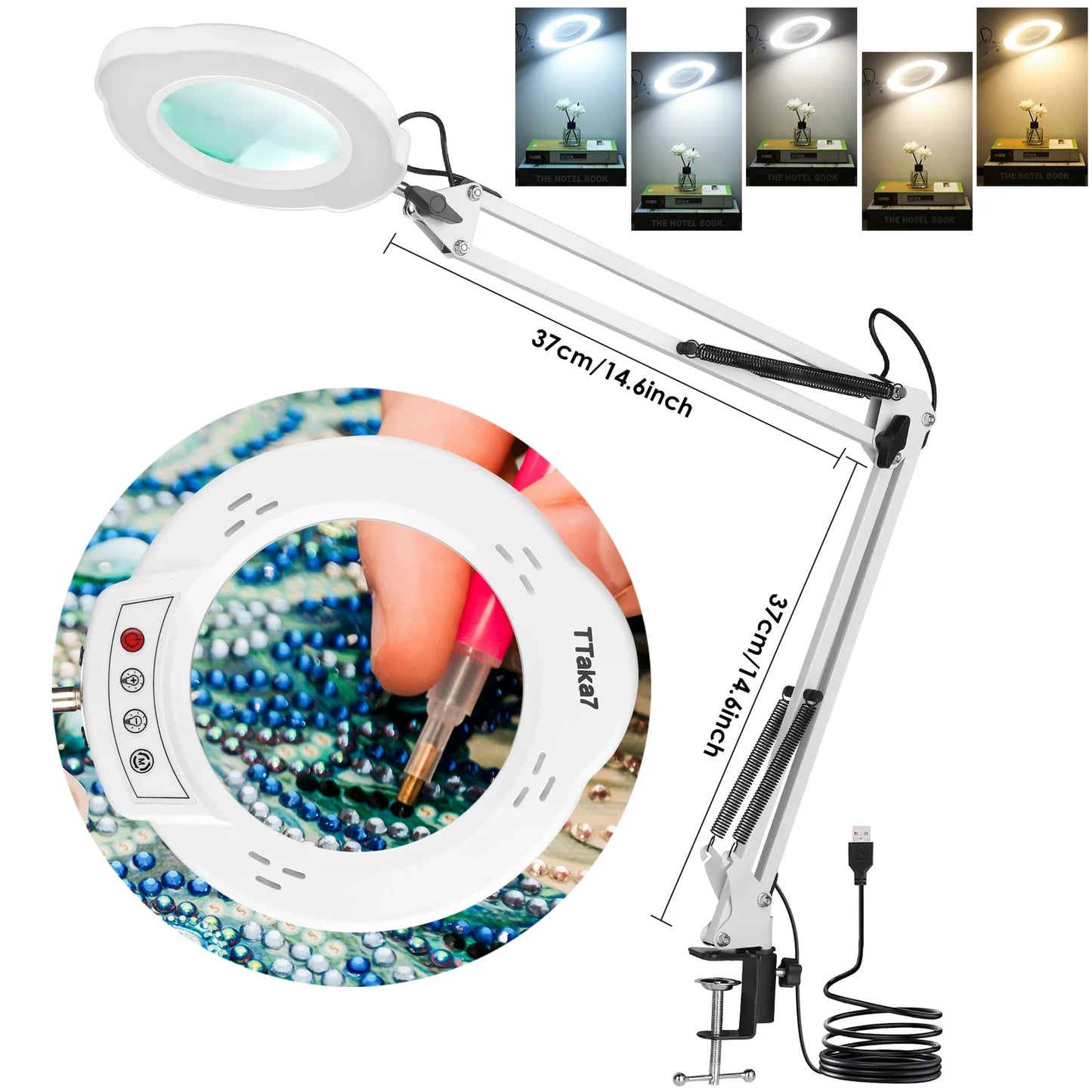 72LED 8X/10X NEW Illuminated Magnifier USB 3 Colors LED Magnifying Glass for Soldering Iron Repair/Table Lamp/Skincare Beauty Peaceful Pleasures Health and Wellness New white--long