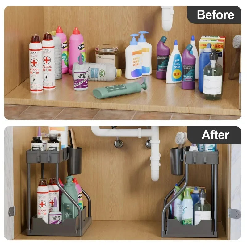 2-Tier Pull-Out Storage Organizer for Kitchen & Bathroom