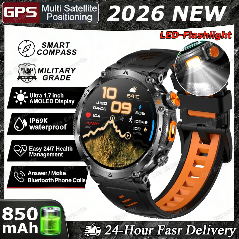 2026 Military Outdoor Smart Watch Men Dual-Frequency High-Precision Positioning Compass Sports IP68 Waterproof GPS Smartwatch Peaceful Pleasures Health and Wellness Orange