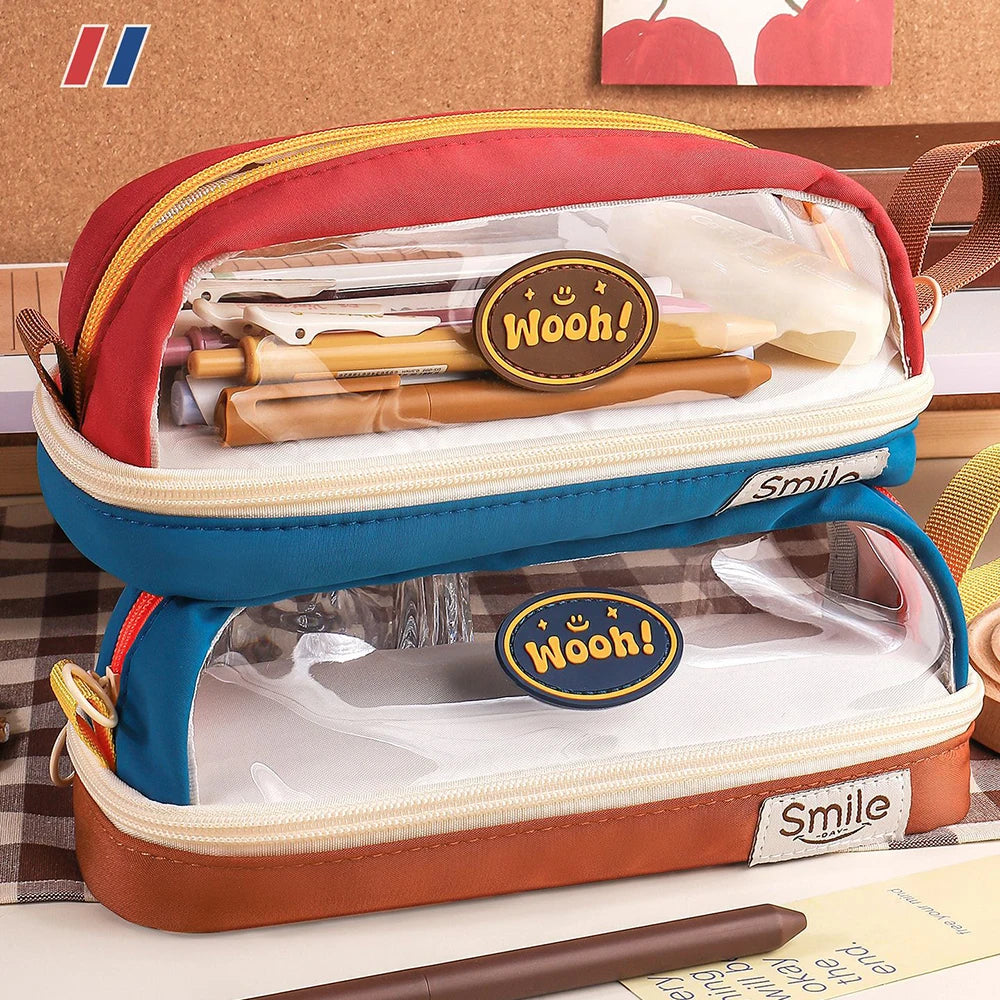 Transparent Contrasting Retro Pencil Case Student Stationery Storage