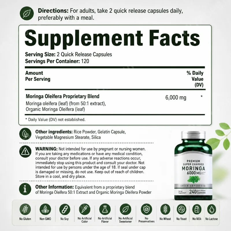 Moringa 6000mg Green Superfood Capsules – 240 Count Daily