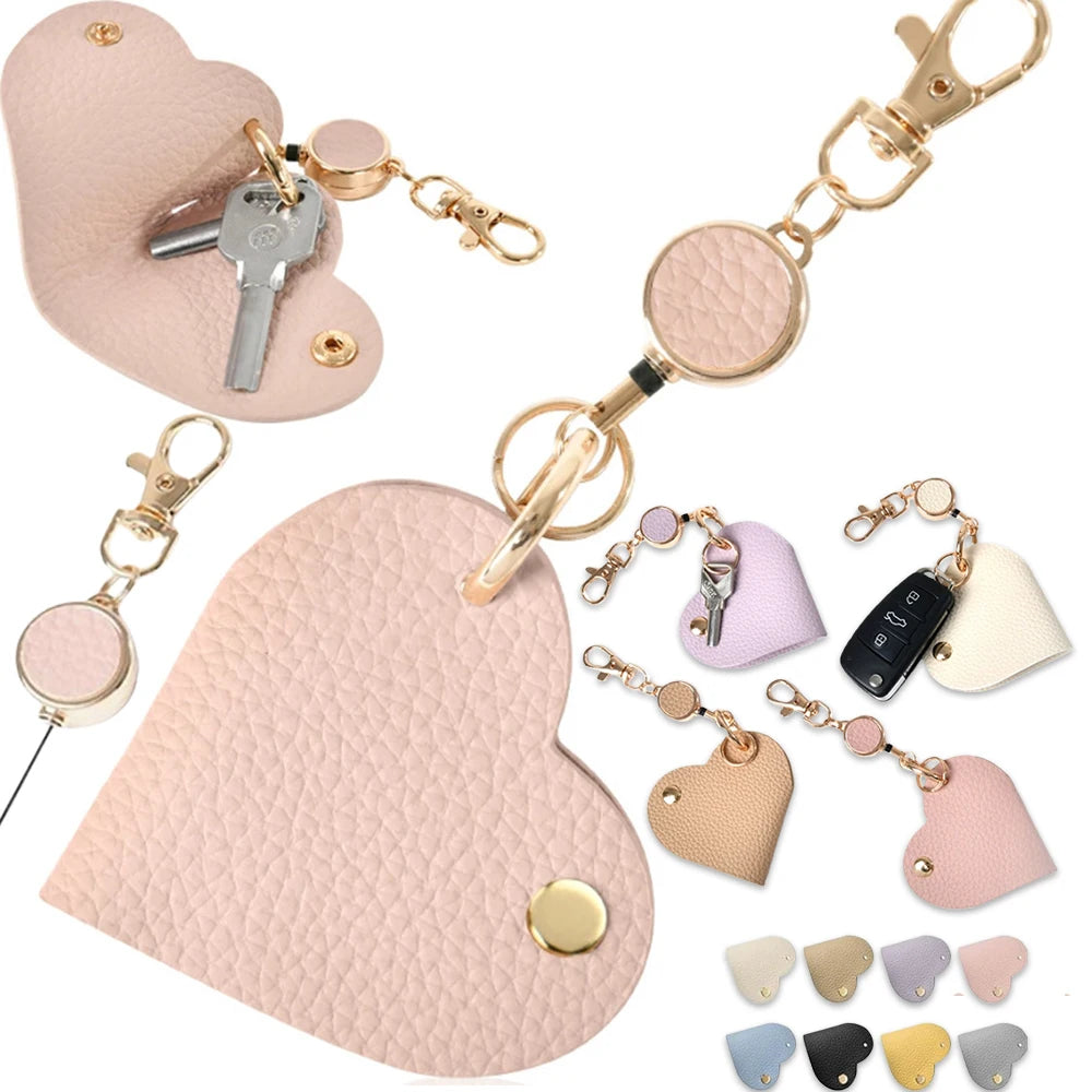 Heart-Shaped Leather Key Bag | Retractable Pull Tab Organizer