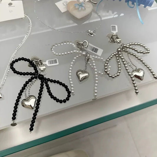 Handmade Pearl Bow Heart Keychain – Beaded Bag & Phone Charm Decorative Keychain Oasis Select