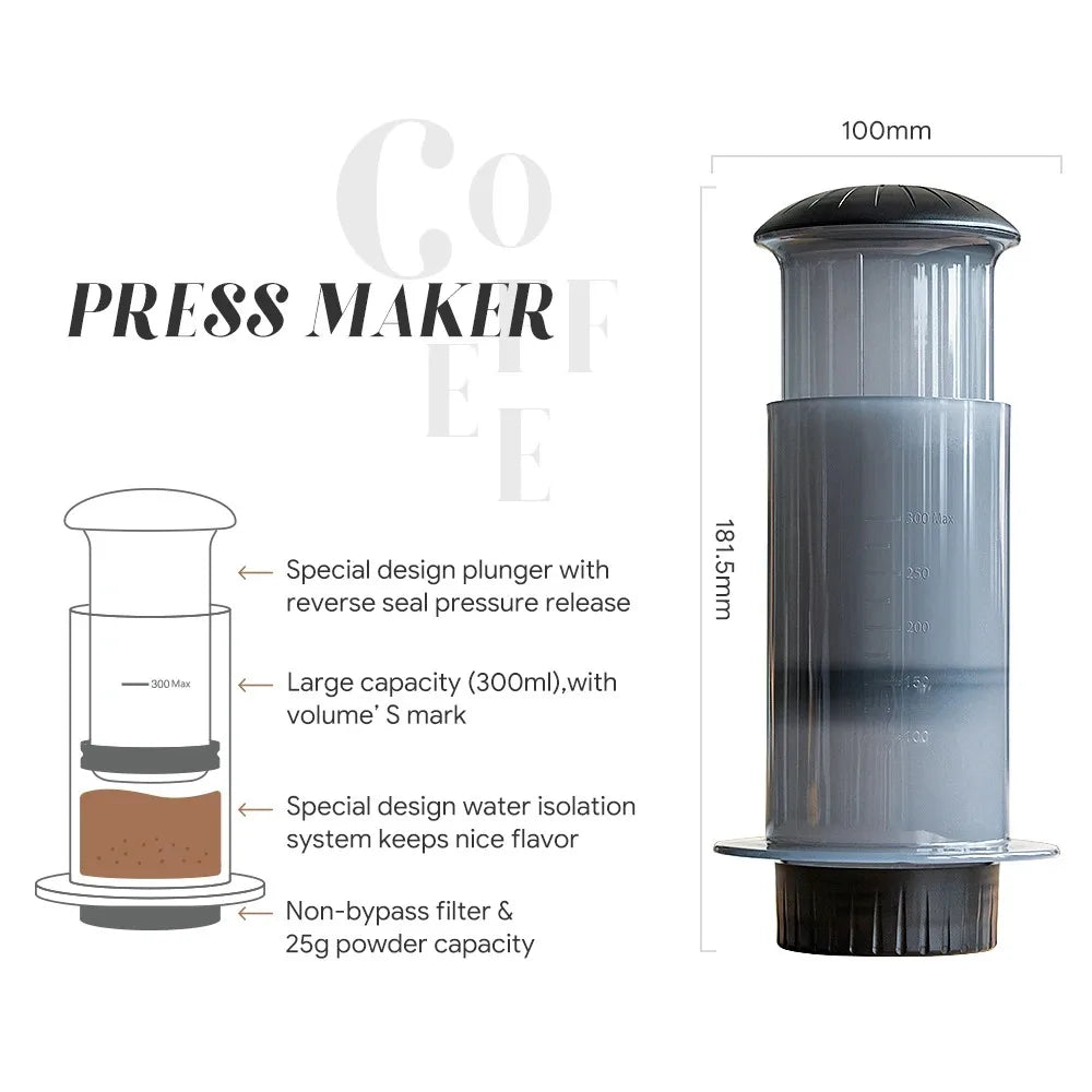 Portable French Press Espresso Coffee Maker – Aeropress-Style Kit with 300ml Brew Chamber & 50 Filter Papers