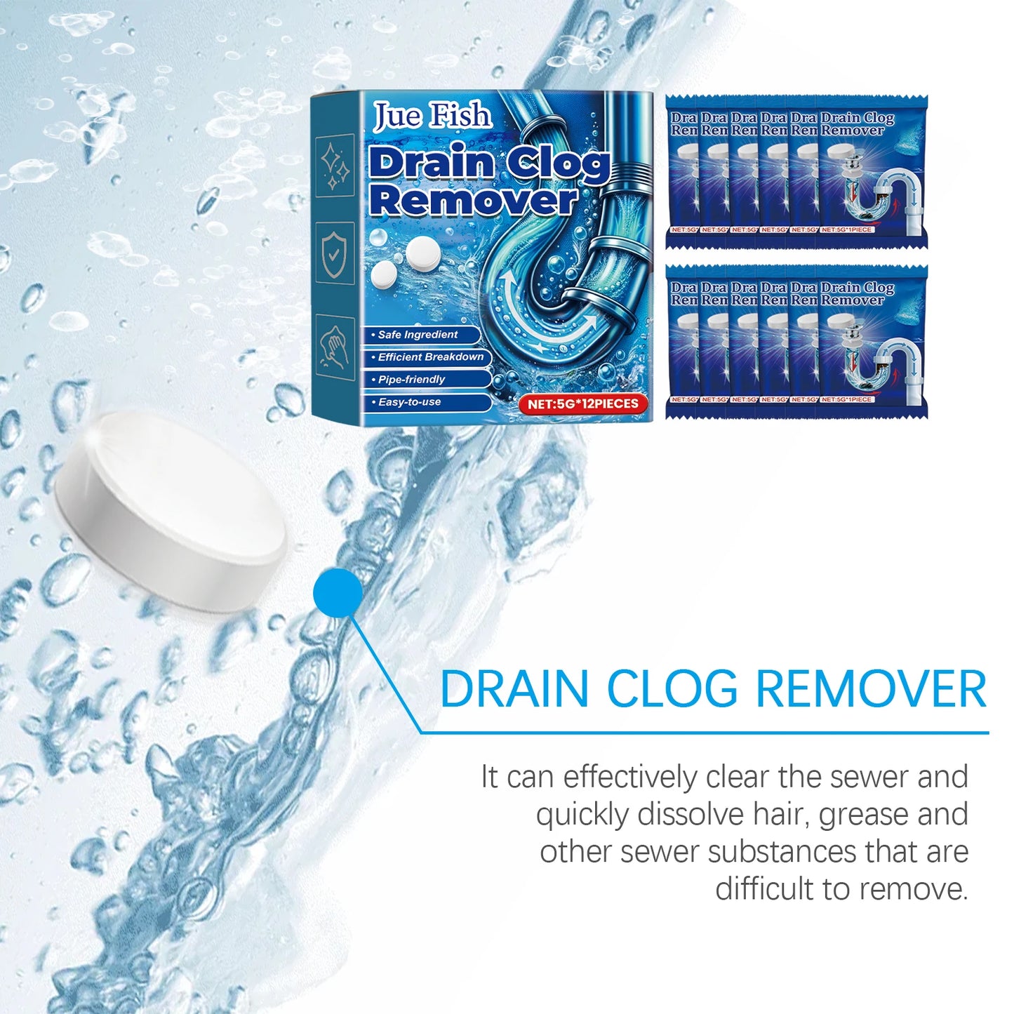 12-Pack Drain Clog Remover Effervescent Tablets | Pipe Cleaner