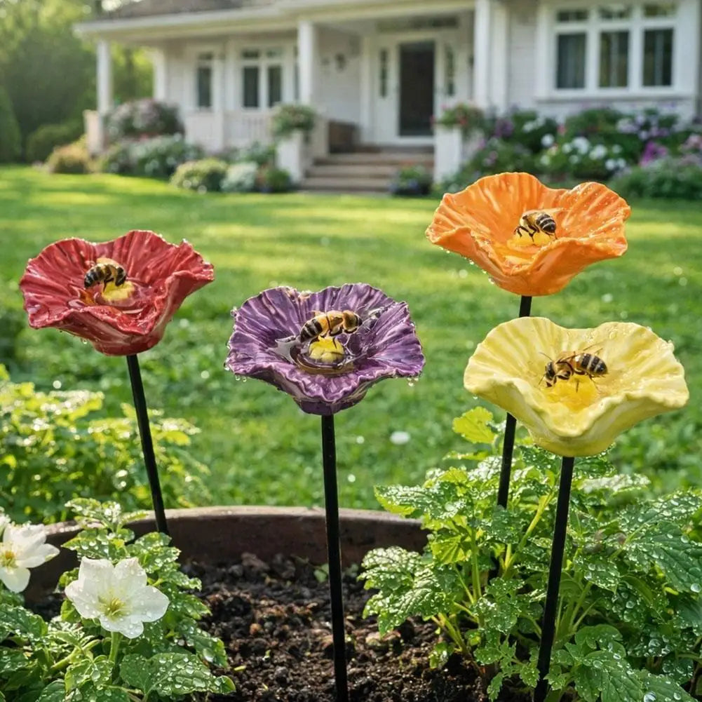 Fountain Garden Statue Sculpture Ceramic 4pcs Exquisite Bee Drinking Set Outdoor Bird Flower Feeder Home Courtyard Decoration Peaceful Pleasures Health and Wellness