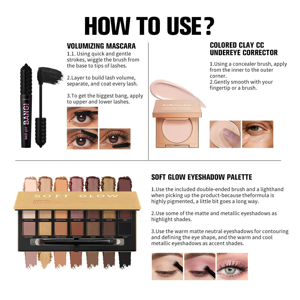 3-Piece Eye Makeup Kit: CC Corrector, Eyeshadow & Mascara