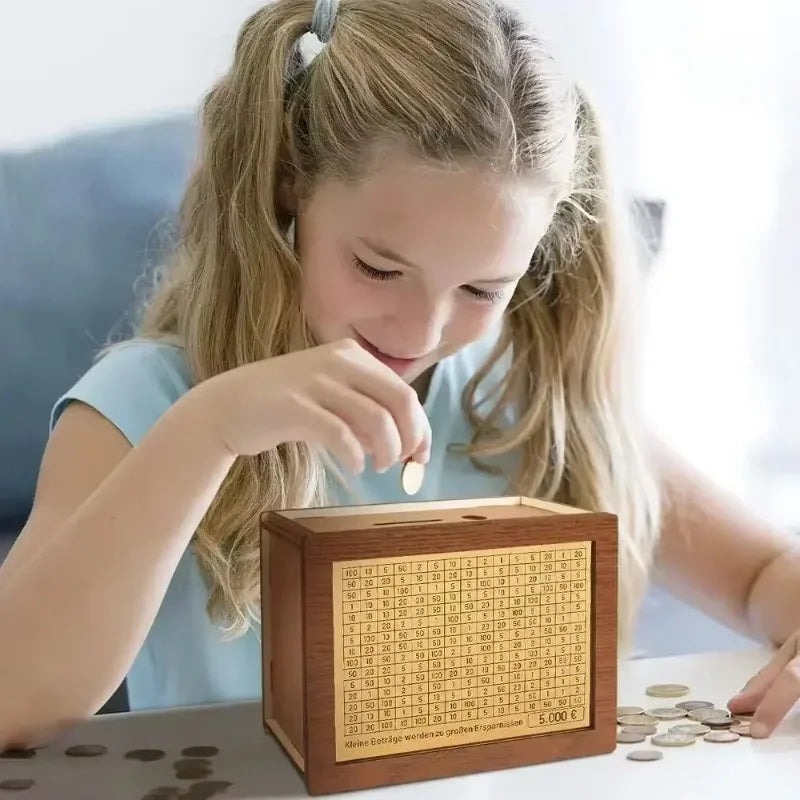 Wooden Money Savings Box – Kids Piggy Bank USD/Euro Style
