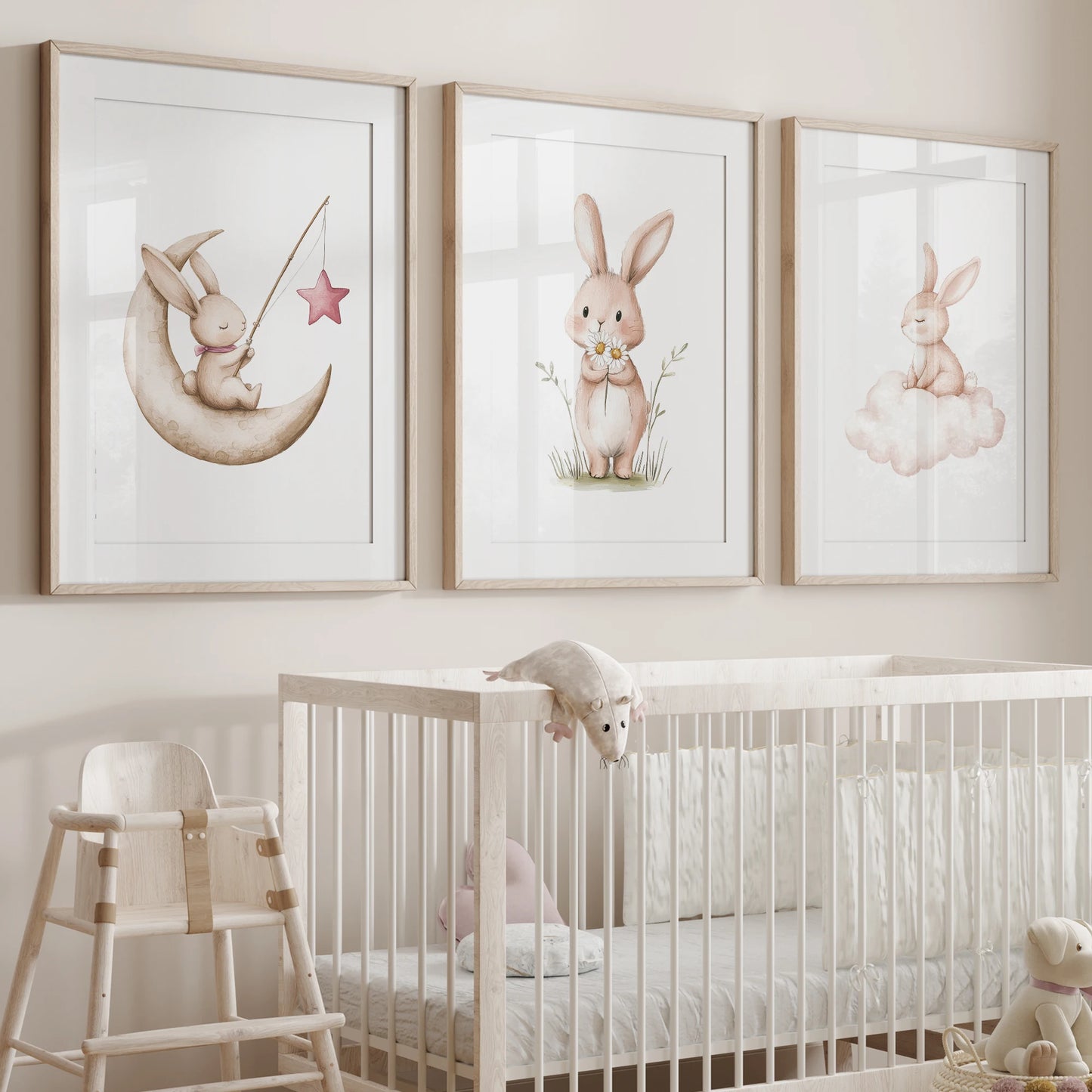 3-Piece Cartoon Rabbit Moon Canvas Wall Art | Kids Room Décor