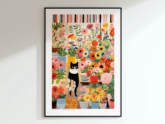 Black & White Cat Poster with Flowers | Floral Cat Wall Art Canvas Wall Art Print Peaceful Pleasures Health and Wellness