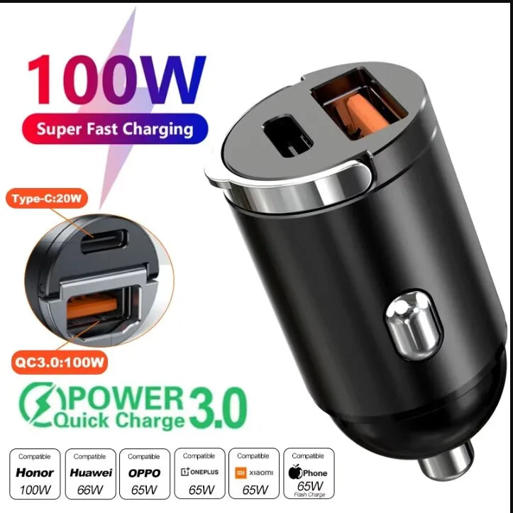 100/200W USB-C PD QC3.0 Mini Car Charger Fast Charging Adapter