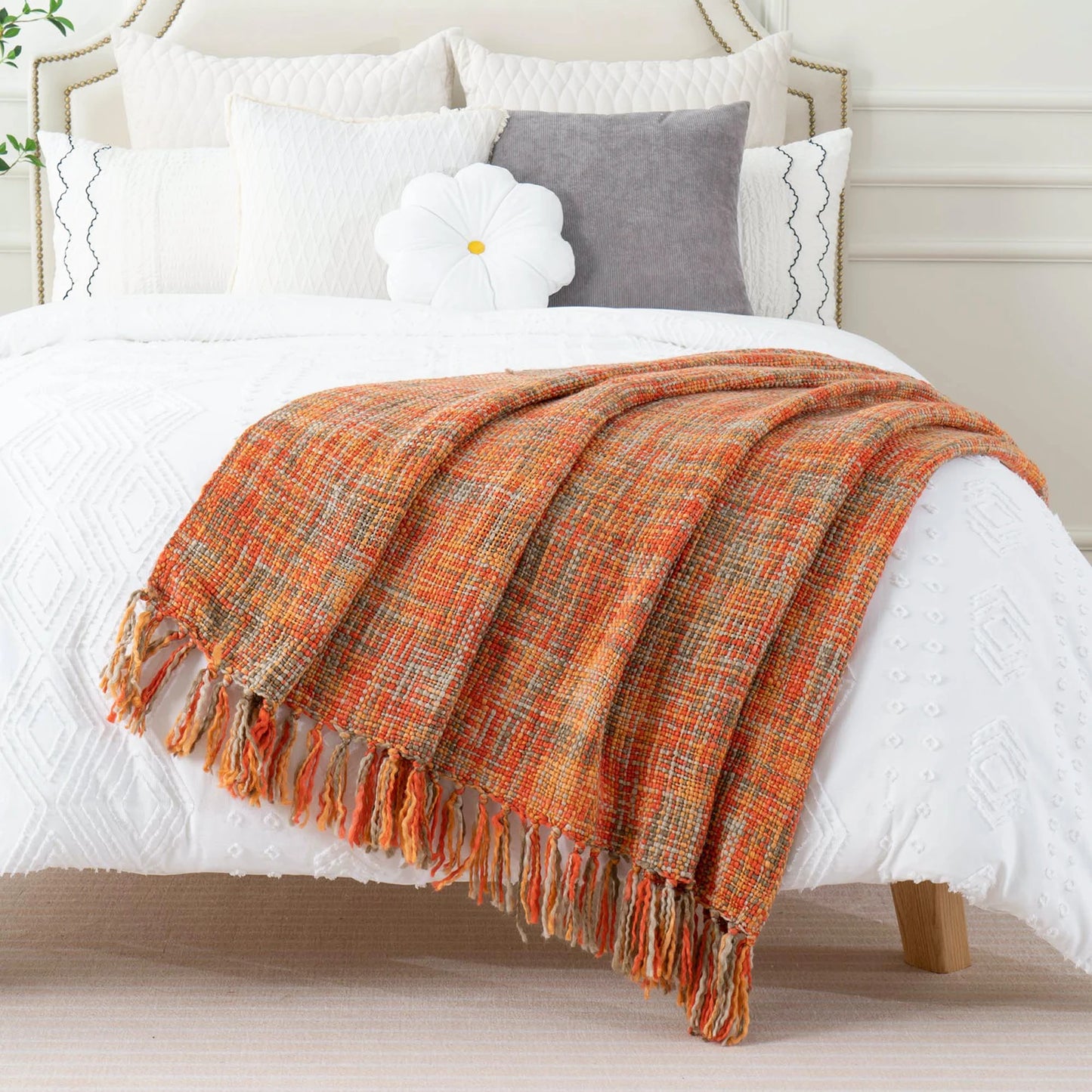 Battilo Orange Boho Throw Blanket With Tassels Colorful Cable Knitted Blankets For Bed Fall Decorative Sofa Blanket Home Decor Peaceful Pleasures Health and Wellness