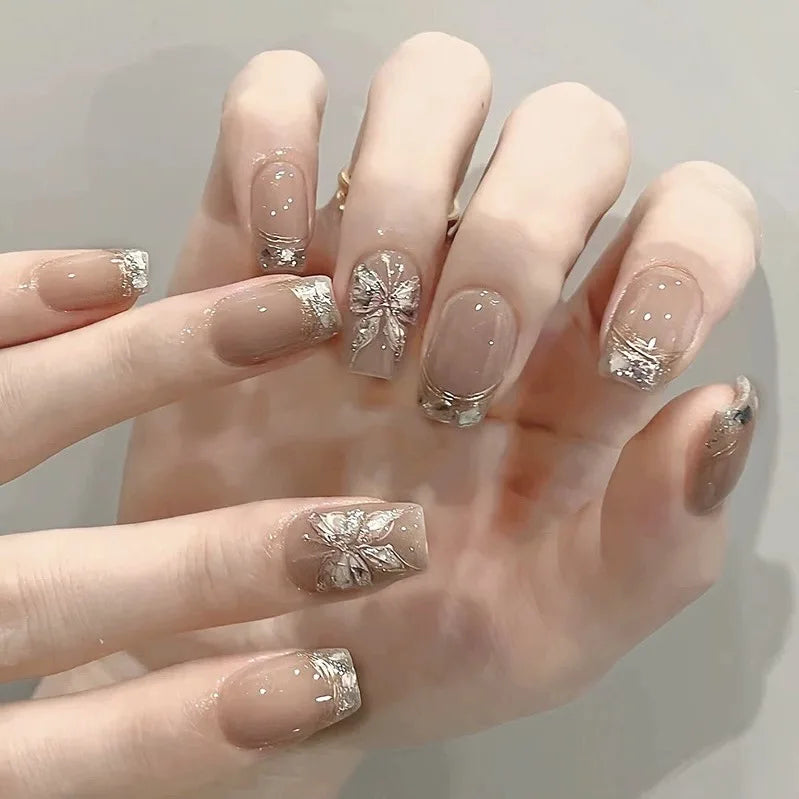 10pcs Handmade Short French Press on Nails with Gold Butterfly Design Fake Nails Wearable Reusable Fashion Nude False Nail Tips Peaceful Pleasures Health and Wellness