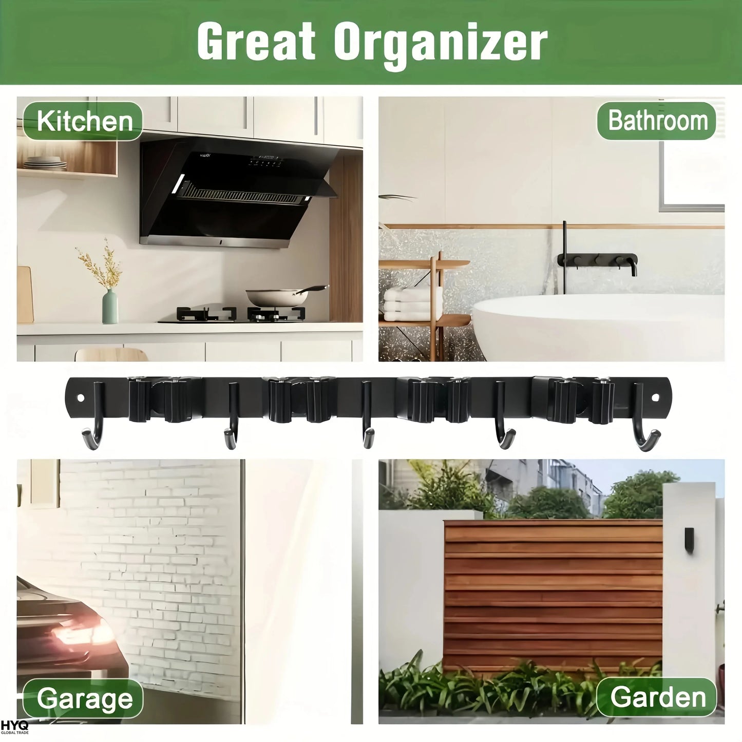 1 Heavy-duty Metal Tool Rack 4 Slots 5 Hooks Wall-mounted Garden
