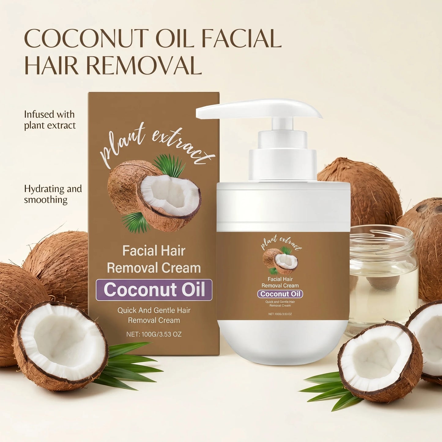 Coconut Oil Facial Hair Removal Cream 100g Painless Depilatory Cream for Face Upper Lip Chin Moisturizing Smoothing Hair Remover Peaceful Pleasures Health and Wellness