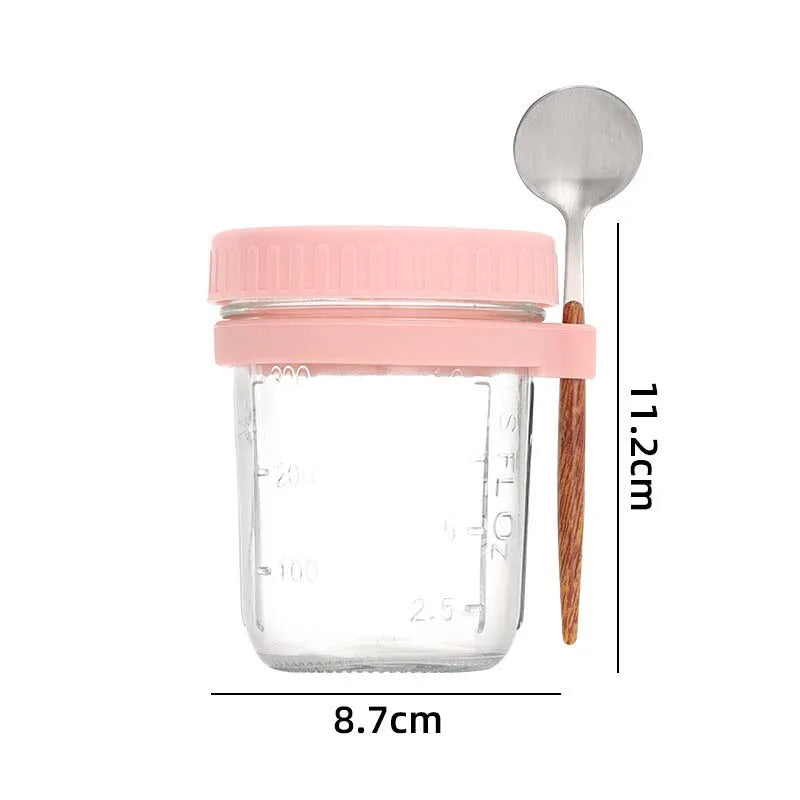 300ml Glass Overnight Oats Container with Lid & Spoon | Leak-Proof Portable Breakfast Jar