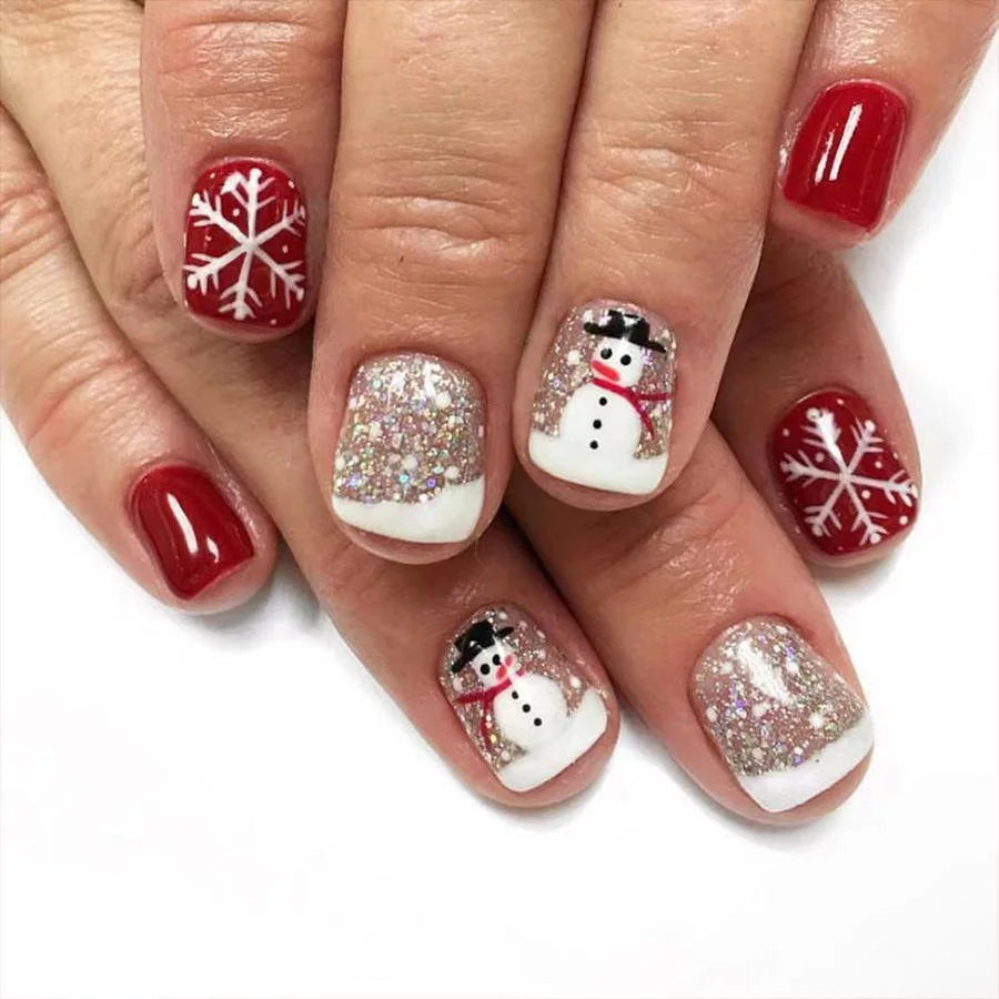 4 pieces of shimmering blue-purple gradient Christmas nail stickers with snowflakes and snowman designs – medium-length, glossy Peaceful Pleasures Health and Wellness Red