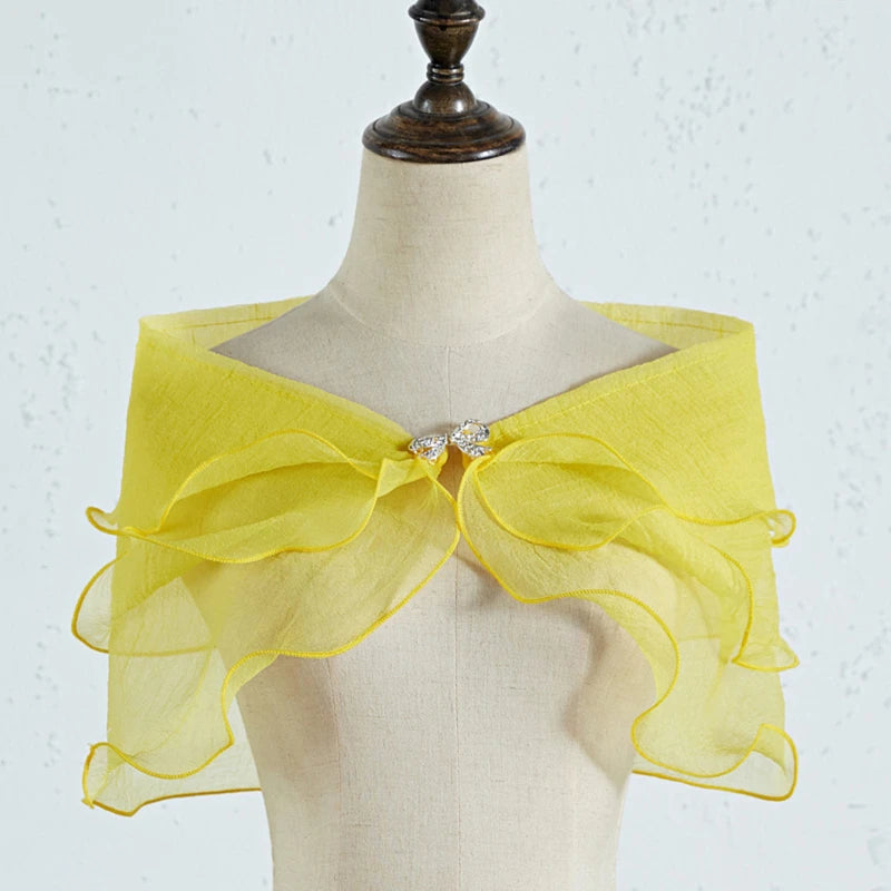 Women Vintage Layered Gauze Shawl Wrap Shrug Rhinestone Buckle Front Wedding Dress Cover Up Sexy Off Shoulder Ruffles Bolero New Peaceful Pleasures Health and Wellness Yellow One Size