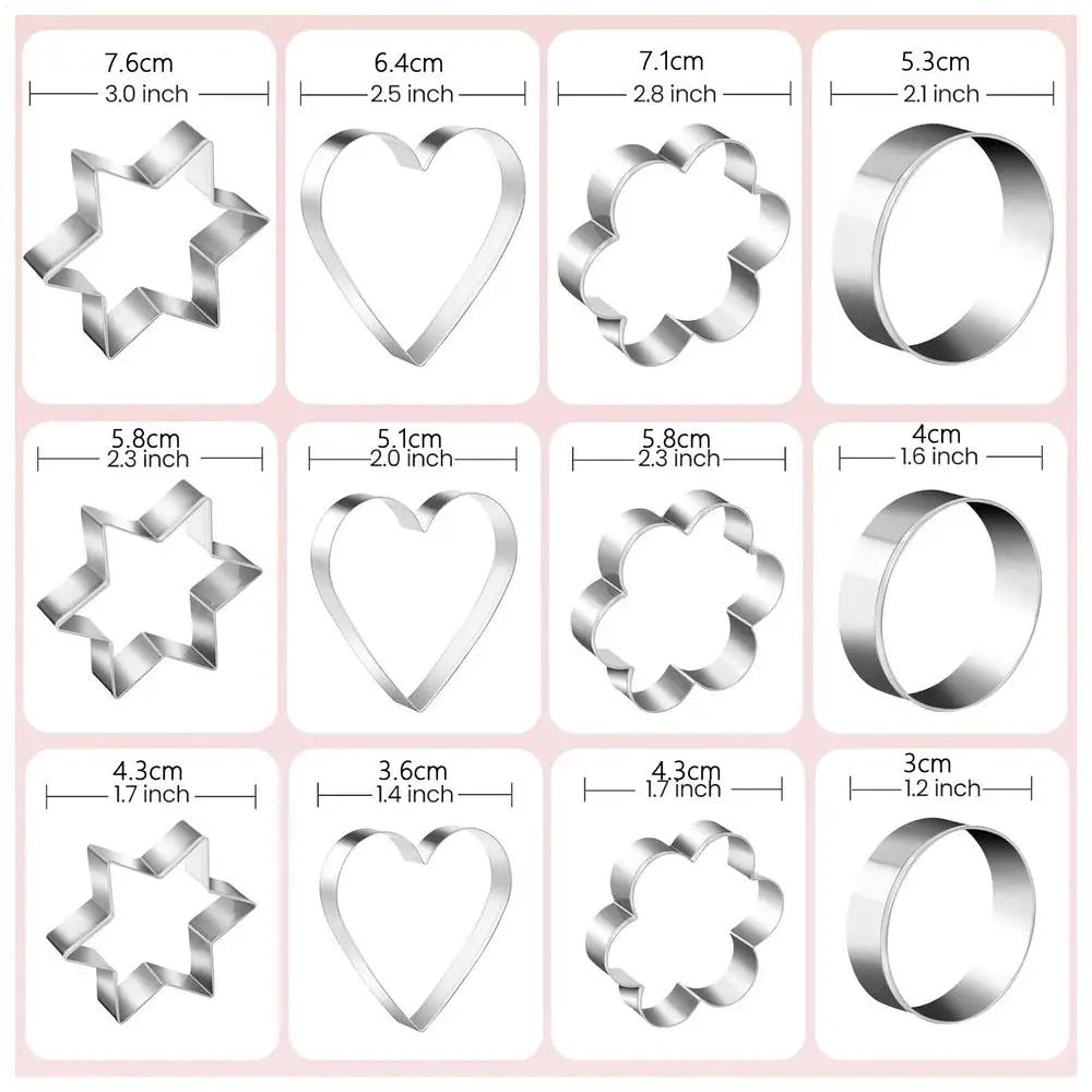 12-Piece Stainless Steel Cookie Cutters – Heart, Star & Flower