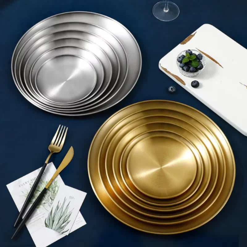 Thickened Stainless Steel Golden Round Fruit Plate Cake Plate Bone Tray BBQ Plate Flat Bottom Shallow Tray Peaceful Pleasures Health and Wellness