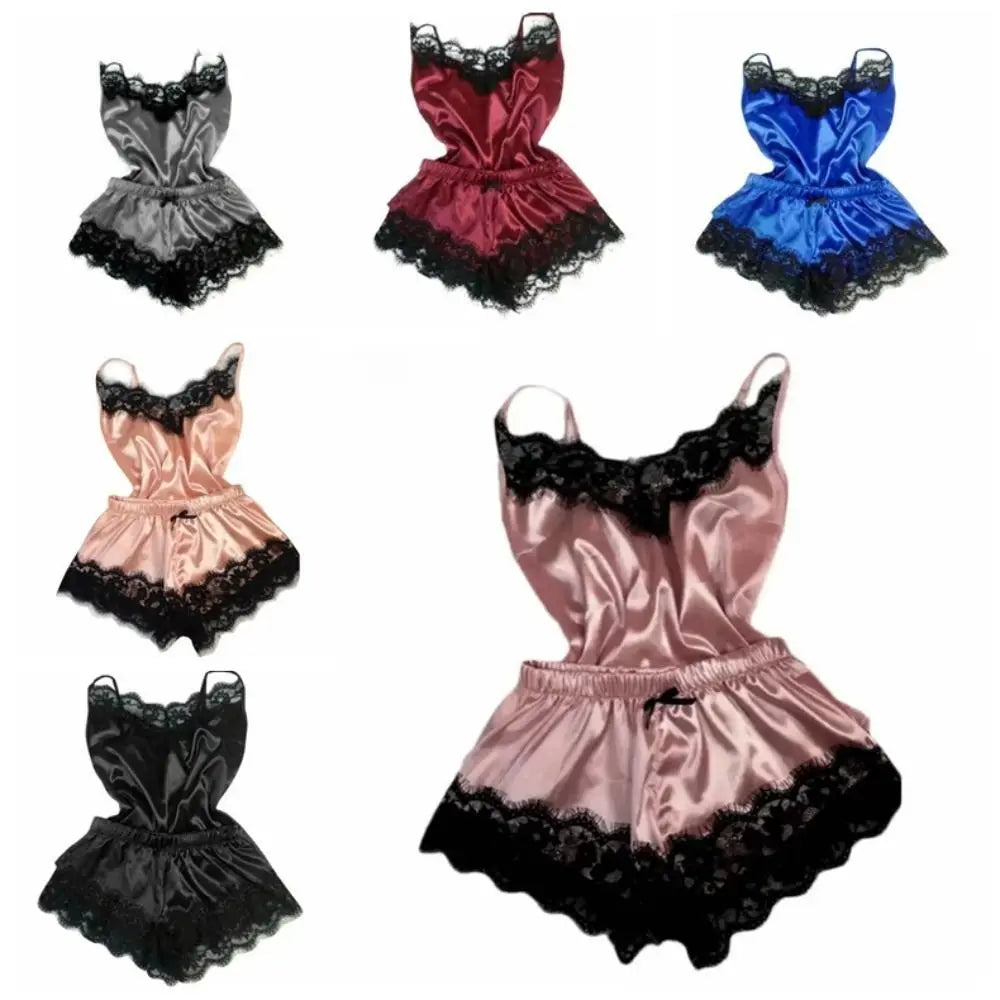 Women's Satin Lace Bowknot Pajama Set – Camisole & Shorts Women's Pajama Set Peaceful Pleasures Health and Wellness