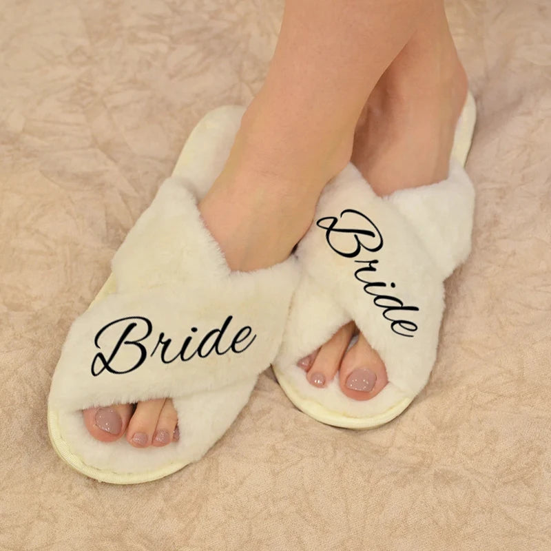 Bride Fluffy Cross Slippers | Bridal Shower & Wedding Gift Bridal Slippers Peaceful Pleasures Health and Wellness