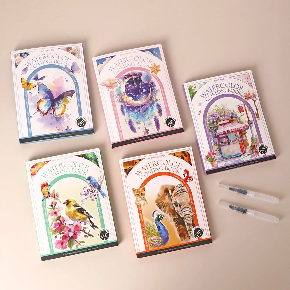 Bview Art Travel Watercolor Painting Tri-fold Book Built-in 12 Colors