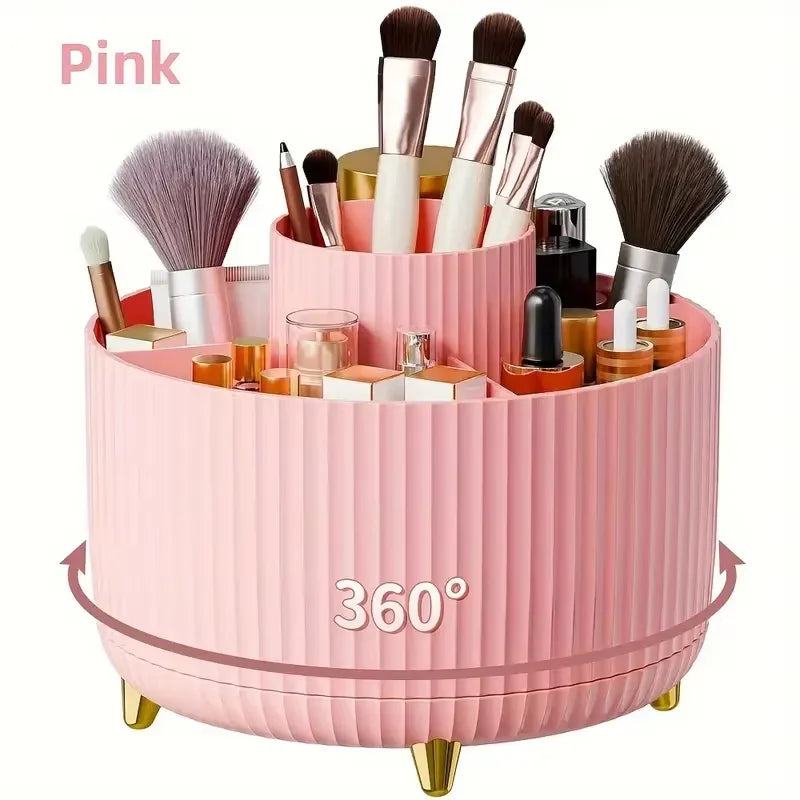 360° Rotating Makeup Organizer with Brush Holder & Perfume Tray