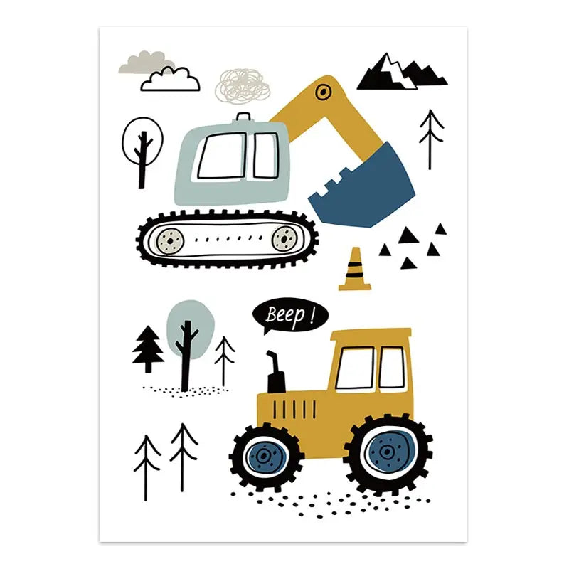 Cartoon Construction Vehicles Canvas Wall Art | Boys Nursery